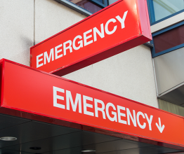 Signs for an emergency department at a hospital in Melbourne. Photo courtesy of Nills Two ambulances outside Boxhill Hospital, Australia. Photocourtesy of Nils Versemann / Shutterstock.com.