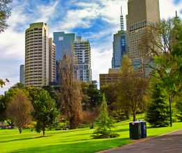 Image shows city park in sunny day, Melbourne. Photo courtesy of gmstockstudio/Shutterstock.com 