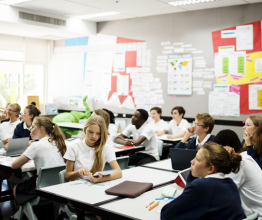 Students working in a classroom.