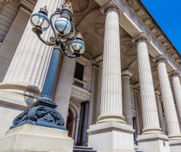 The front steps and facade of Parliament House in Melbourne.