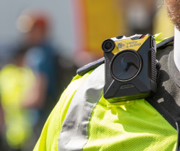 Close up of a body camera being worn by a police officer.