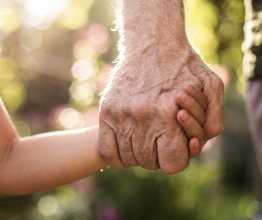 Close up of a young child holding a grandparent's hand outside on a sunny day.