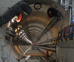 Melbourne Metro Tunnel under construction, looking along tunnel interior.