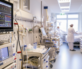 A doctor treating a patient in a hospital. There is medical equipment and an IV drip in the foreground.