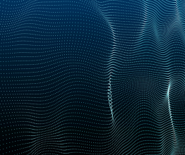 Geometric pattern of bright blue dots against a dark blue gradient background.
