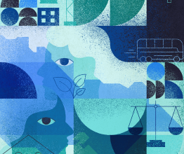 Abstract blue and green image containing two faces, a bus, building crane, house, leaves and justice scales.