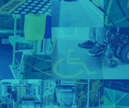 Collage of photos featuring trams and passengers using a wheelchair.