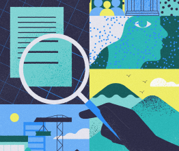 Digital illustrated collage featuring a magnifying glass, paper document, crane at a construction site, people outside of a house, mountains and Parliament.