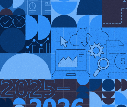 Collage of blue shapes, lines and icons featuring documents, a laptop and the text 2025–26
