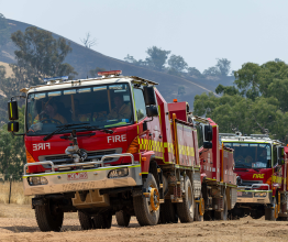 Fire trucks parked in a line in country Victoria